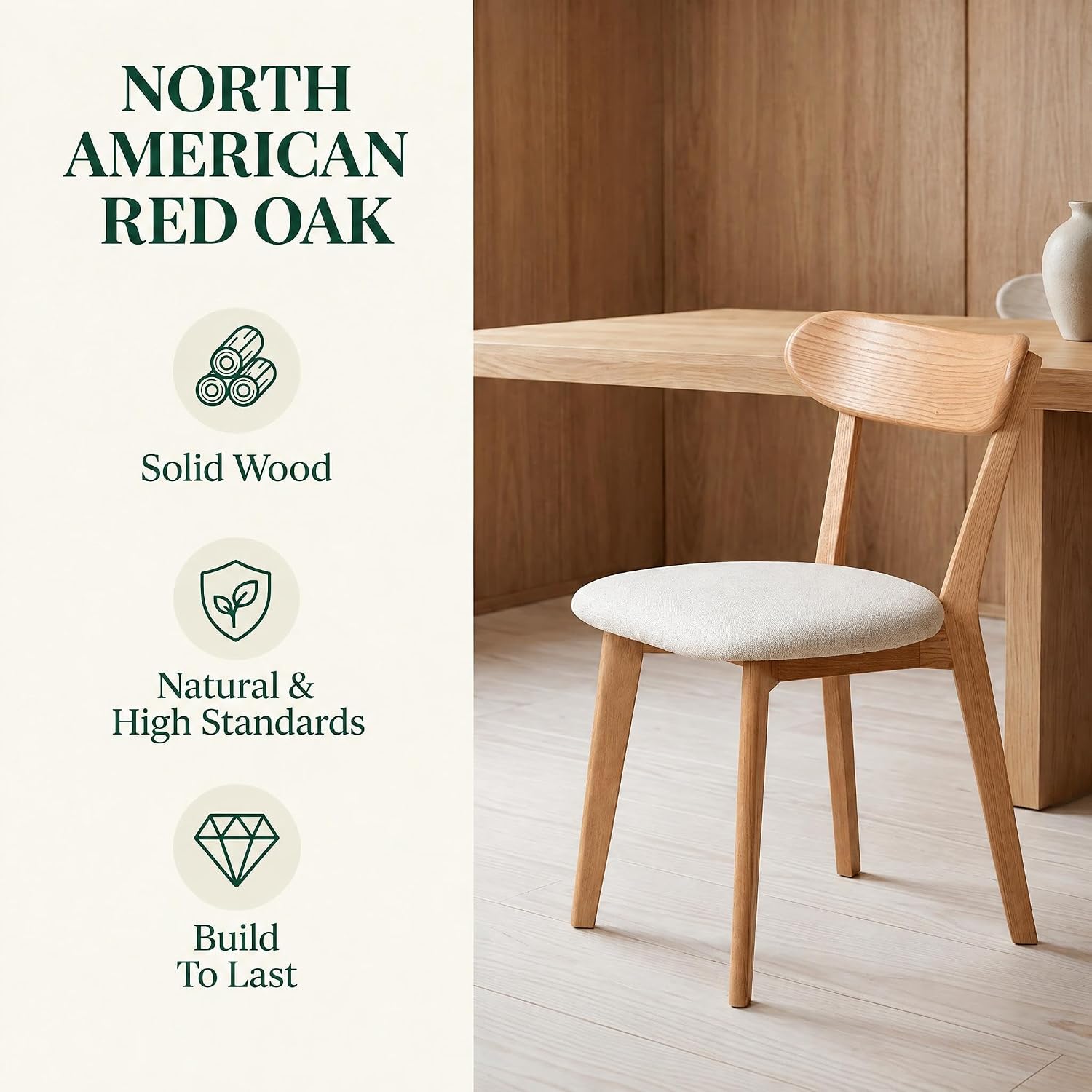 100% Solid Oak Dining Chairs, Mid Century Modern Dining Chair with Curved Backrest, Fabric Upholstered Dining Chairs for Kitchen, Study, Living Room (2, Original Wood-Pear White Cushion)